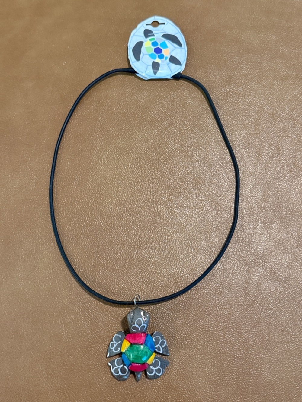 New Marble Turtle Pendant Necklace - Black Stretchy Cord.